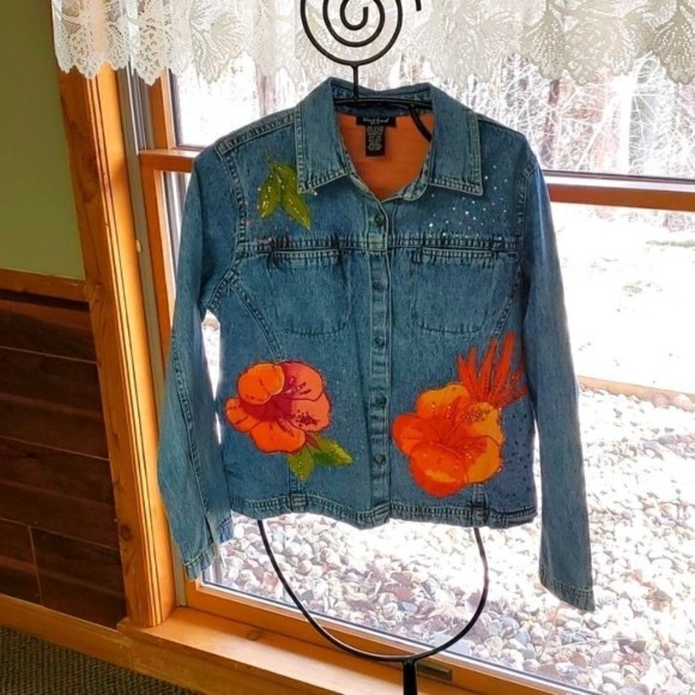 West End Petite Denim Jacket Blue Floral Hibiscus Sequin Hand Painted PM PMED